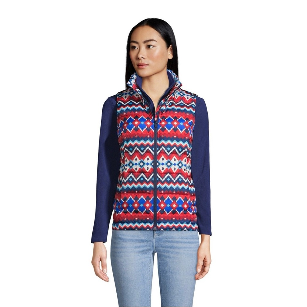 Lands’ End Chevron Fair Isle 600 Down NWT Full Zip Puffer Vest Blue Red Medium